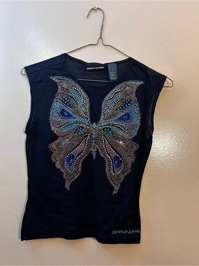 Dkny Black Tank with Iridescent Butterfly Rhinestones